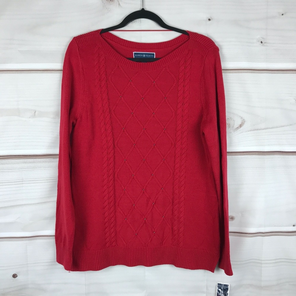 Karen Scott Sweater‎ Womens S Red Cable Knit Beaded Pullover Cotton Blend Solid